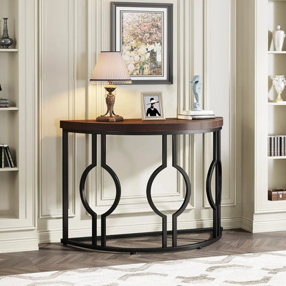 Industrial Semi Circle Sofa Table for Living Room, Hallway, Foyer, Rustic Brown