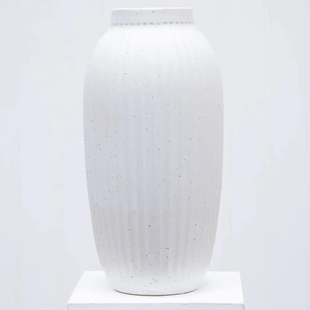 Indoor Speckled White Ribbed Ceramic Vase 16" Stand Alone