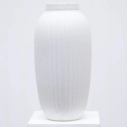Indoor Speckled White Ribbed Ceramic Vase 16" Stand Alone