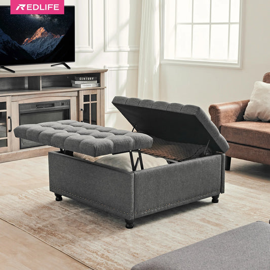 35" Large Square Storage Ottoman Bench, Upholstered Coffee Table ,Lift Top Storage Ottoman Tufted Fabric for Living Room