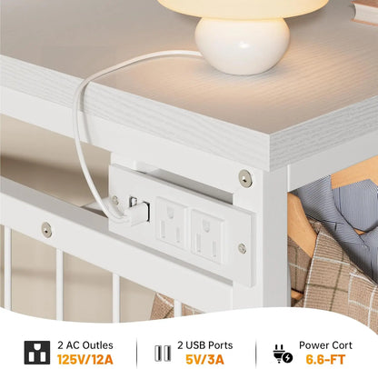 49.2" W White Dresser for Bedroom with Hanging Rack, 6 Drawers Dresser with LED Lights & Charging Station, Fabric Dressers