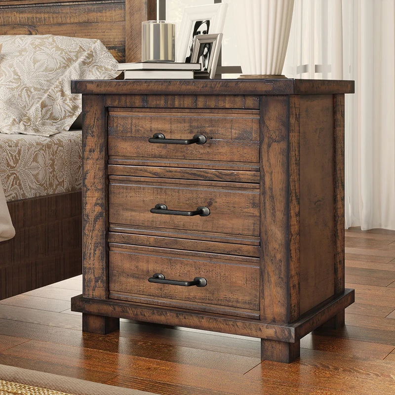 Rustic Three Drawer Reclaimed Solid Wood Farmhouse Nightstand End Table  for Living Room/Bedroom