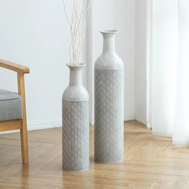 Set of 2 Big Metal Glazed Vases for Pampas Grass Twigs Vintage