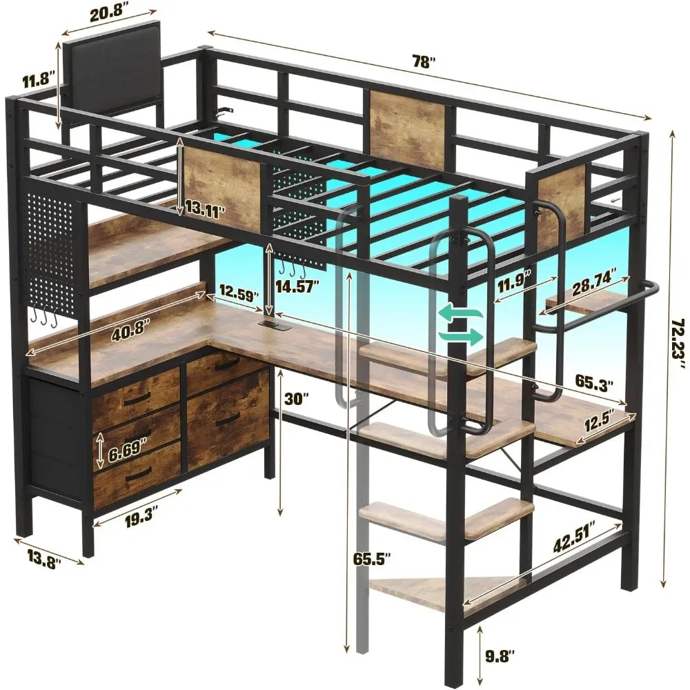 Loft Bed Twin Size with L Shaped Desk and Storage