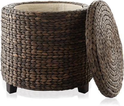 17" Round Storage Ottoman with Lid - Natural, Handwoven Water Hyacinth Footstool for Living Room