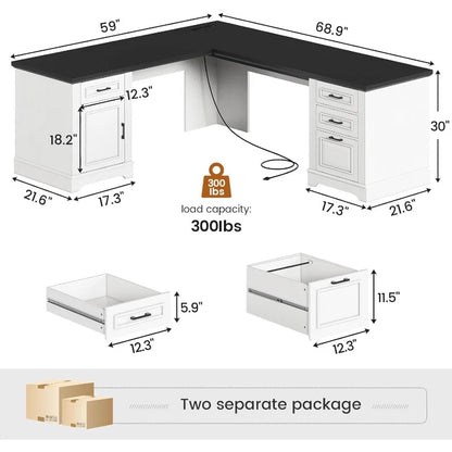 Farmhouse 69" Executive L Shaped Desk, Home Office Desk with Drawers and Storage Cabinet & Power Outlet