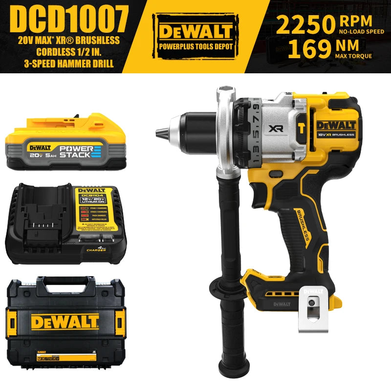 DEWALT DCD1007 Brushless Cordless 1/2 in. 3-Speed Hammer Drill 20V Power Tools 169NM With Battery Charger