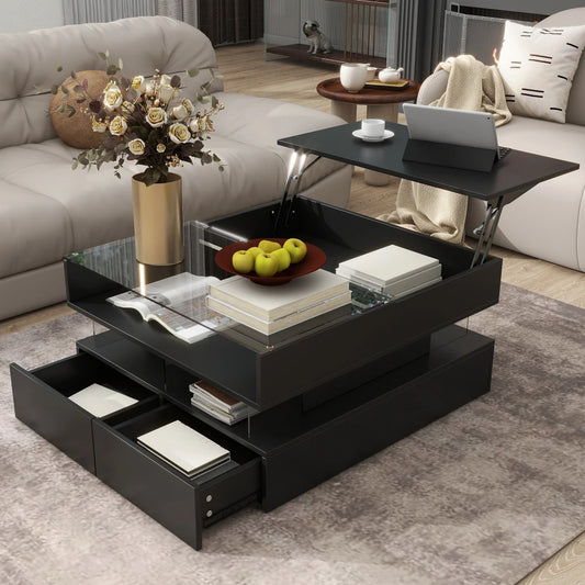 Glass Top Lift-Top Coffee Table with 2 Drawers，High-Gloss Finish,Hidden Space and LED Lights for Living Room