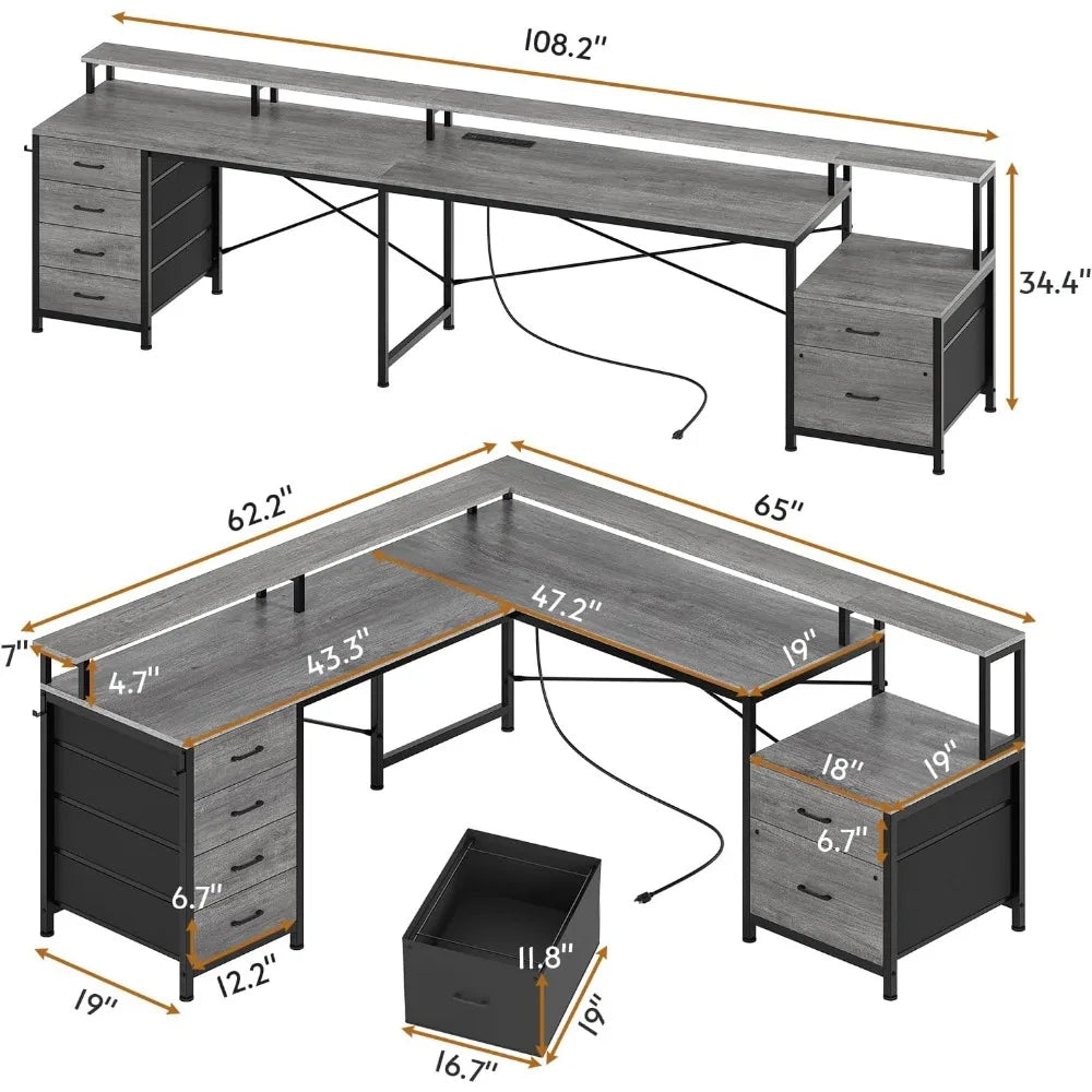 L Shaped LED Desk with 6 Drawers