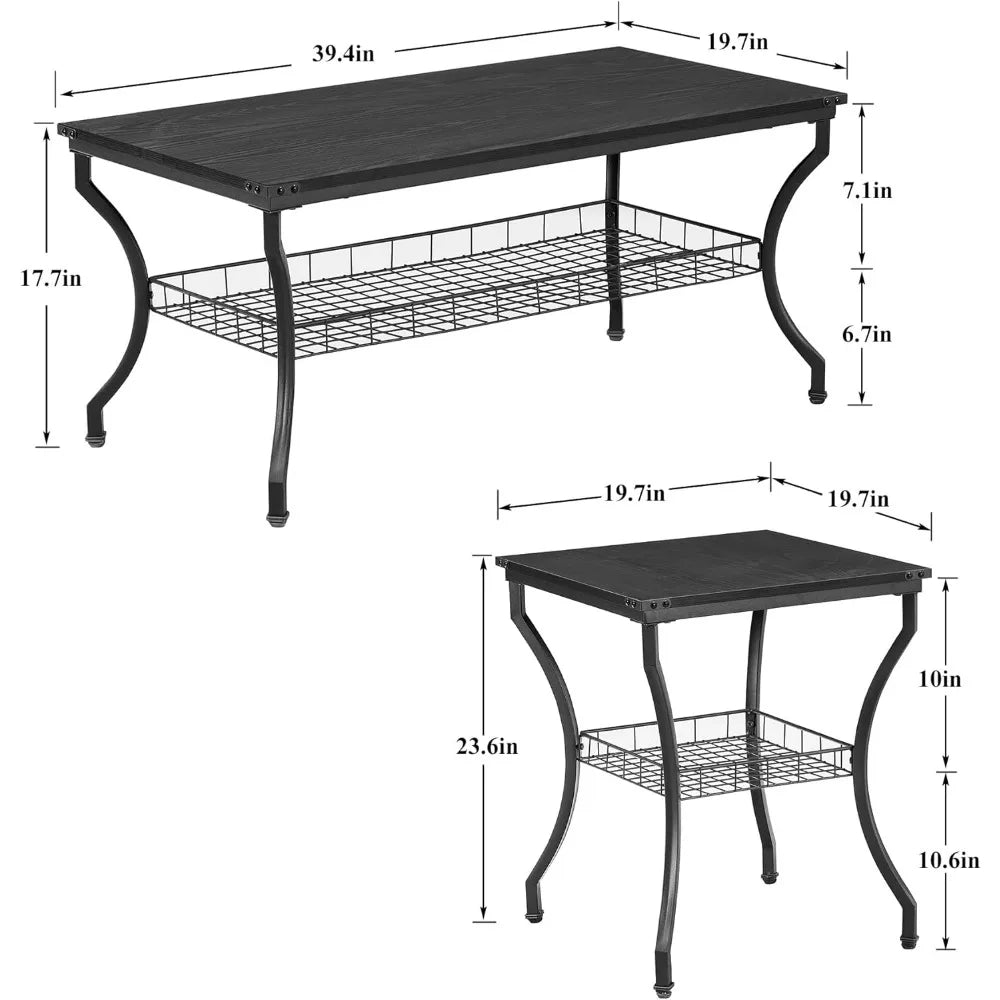 3 Pieces Living Room Table Sets, Coffee and End Tables with Open Storage Shelves