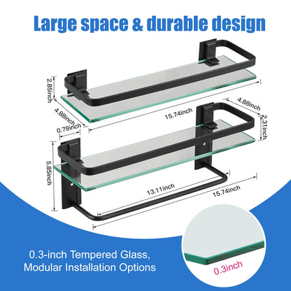 Glass Bathroom Shelf with Towel Bar 15.7in