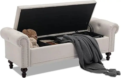 58.1'' Storage Bench Upholstered Linen, End of Bedroom Bed Bench, Ottoman with Tufted Cushion Rolled Arm Large Storage Space