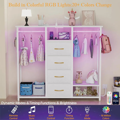 Dresser for Bedroom with 2 Clothes Racks, 4 Drawer Dresser with Led Light and Charging Station,White Dresser with Hanging Rack