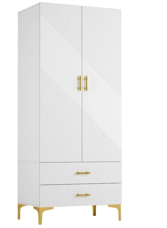 Wardrobe Armoire with 2 Drawers, 2 Doors and Hanging Rods, Twill Wooden Closet Storage with Metal Cabinet Legs, White