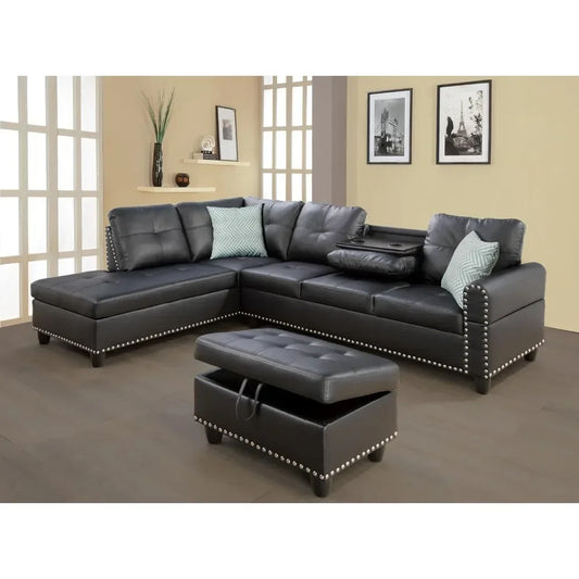 Sectional Sofa with Removable Storage Ottoman L-Shape Couch with Cupholder and Nailhead Trim 8" Faux Leather Sectional Sofa