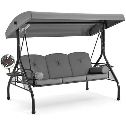 3 Seat Porch Swing W/Adjustable Canopy, Convertible Patio Swings Bed with Stand and Upgraded Cup Holder, Thicken Cushions＆Pillow