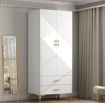 Wardrobe Armoire with 2 Drawers, 2 Doors and Hanging Rods, Twill Wooden Closet Storage with Metal Cabinet Legs, White