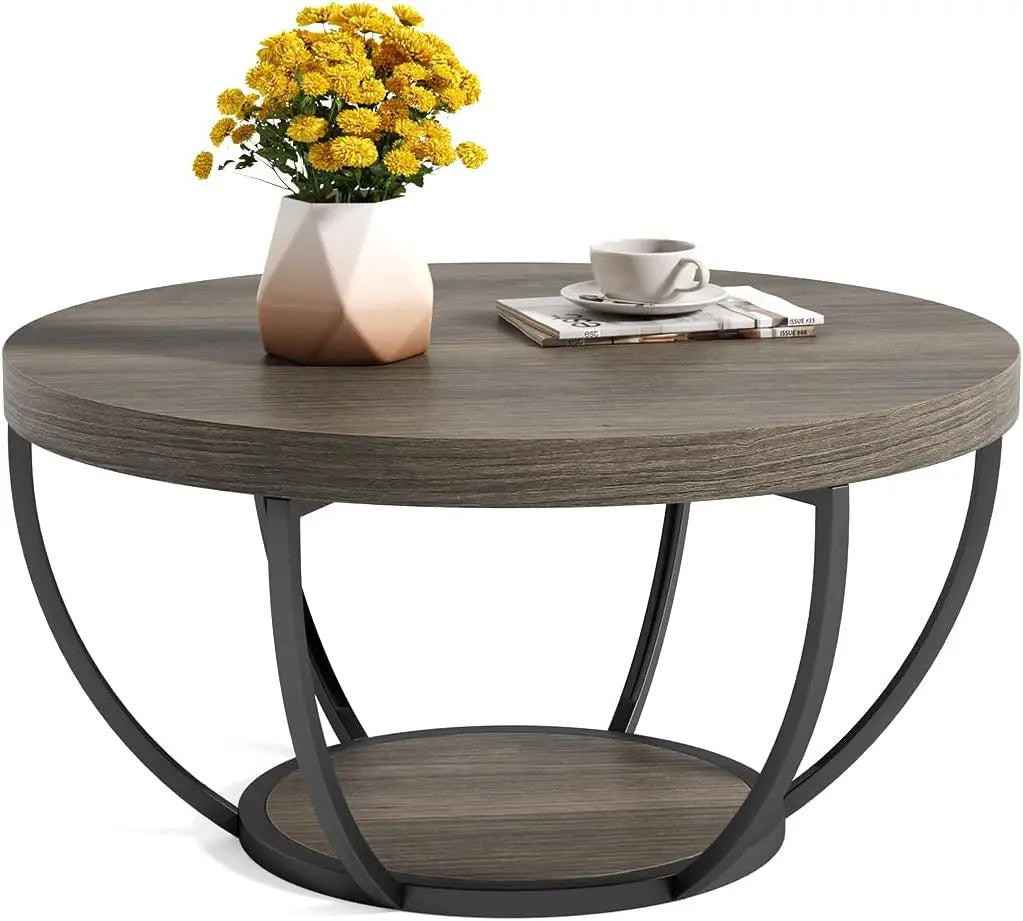 32" Circle Marble Coffee Tables, 2-Tier Golden Metal Legs Accent Center Table with Open Storage