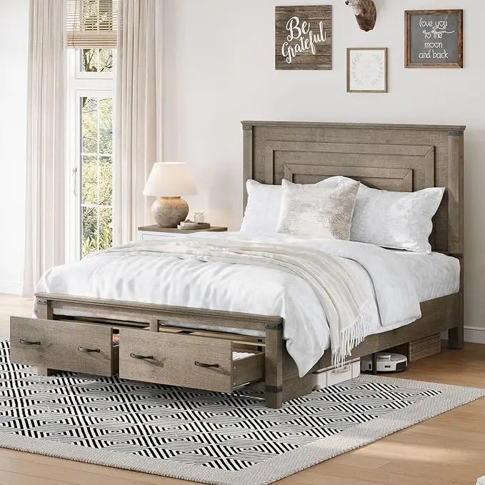 Extra large bed frame with 54 inch high headboard, equipped with storage drawers, wooden support, no need for box springs