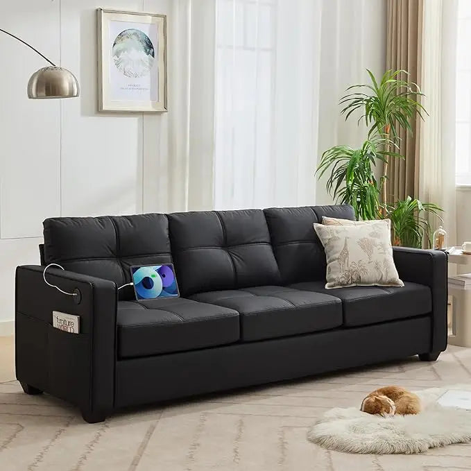 88W Black Faux Leather Sofa Couches for Living Room