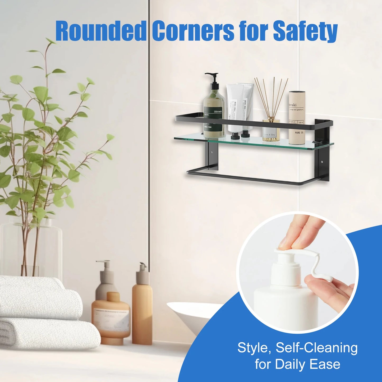Glass Bathroom Shelf with Towel Bar 15.7in