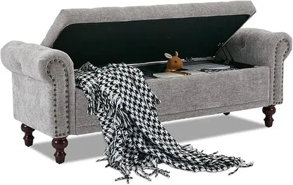 58.1'' Storage Bench Upholstered Linen, End of Bedroom Bed Bench, Ottoman with Tufted Cushion Rolled Arm Large Storage Space