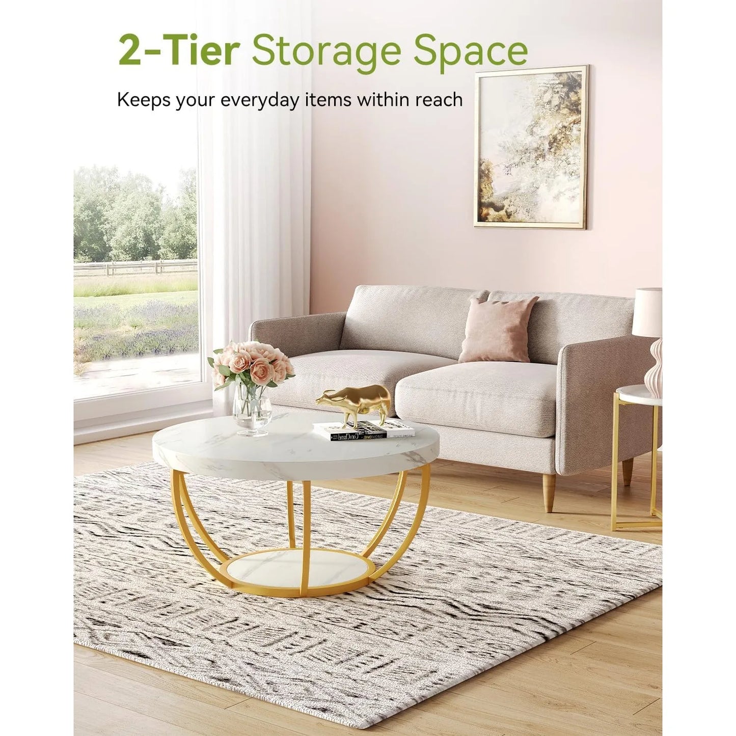 32" Circle Marble Coffee Tables, 2-Tier Golden Metal Legs Accent Center Table with Open Storage