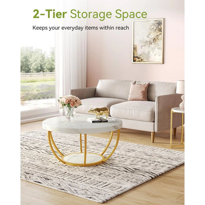 32" Circle Marble Coffee Tables, 2-Tier Golden Metal Legs Accent Center Table with Open Storage