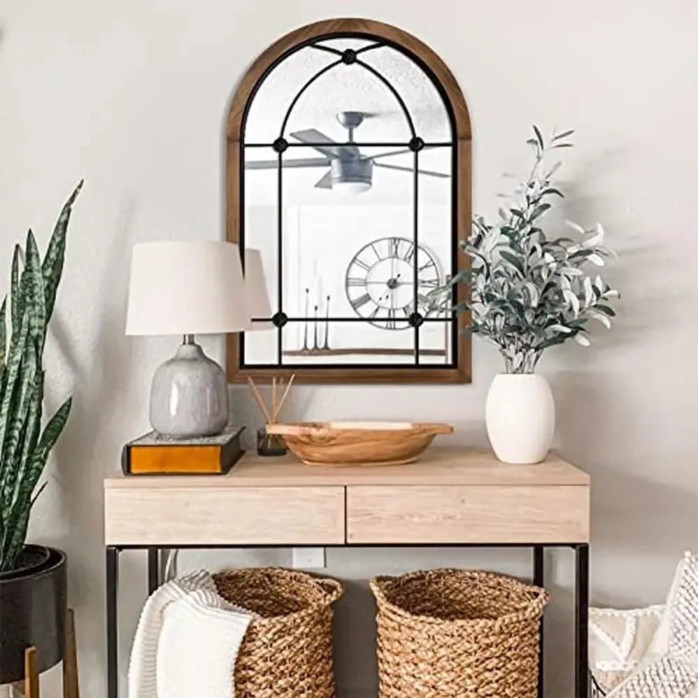 Farmhouse Arched Mirror Wall Decor Rustic Wood Framed Gothic Cathedral Style Accent Mirror