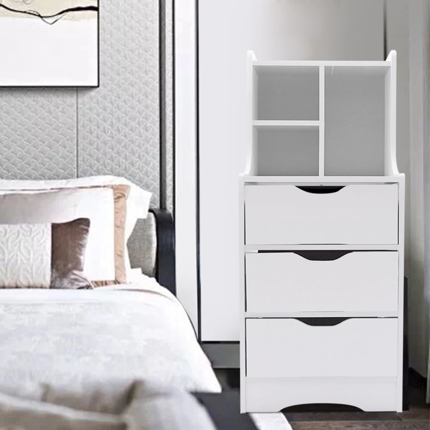 White Side Table Bedroom Modern Nightstand Bedside Table with 3 Drawers Multifunctional Mini Storage Cabinet Organizer