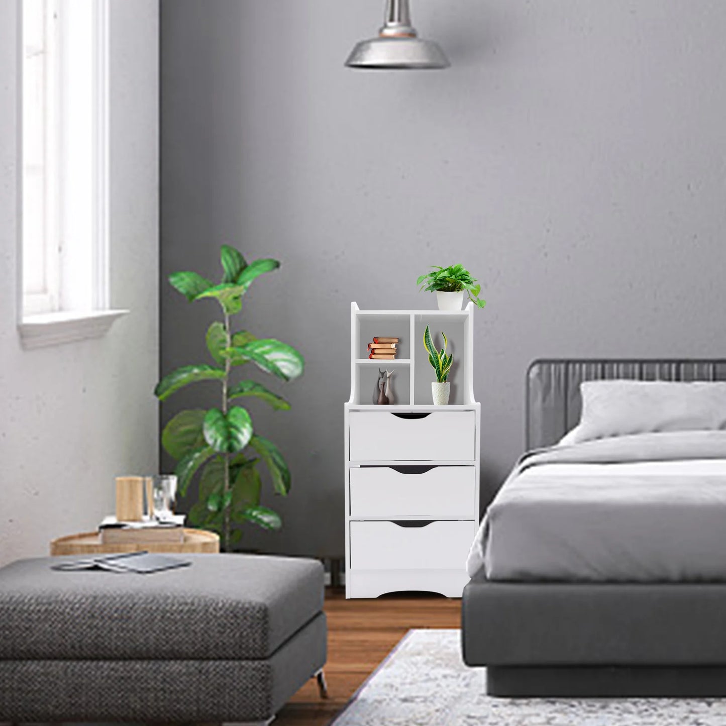 White Side Table Bedroom Modern Nightstand Bedside Table with 3 Drawers Multifunctional Mini Storage Cabinet Organizer