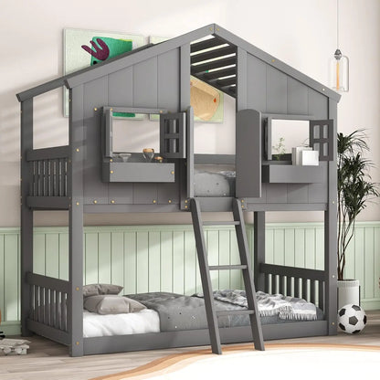 House Bunk Bed Twin Over Twin Wood Bunk Beds , Windows, Window Box and Small Door, Floor Bunk Beds with Ladder and Guard Rails
