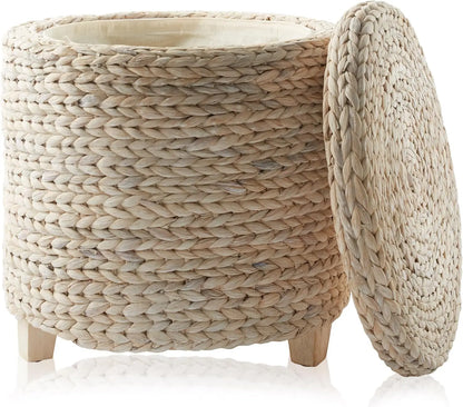 17" Round Storage Ottoman with Lid - Natural, Handwoven Water Hyacinth Footstool for Living Room