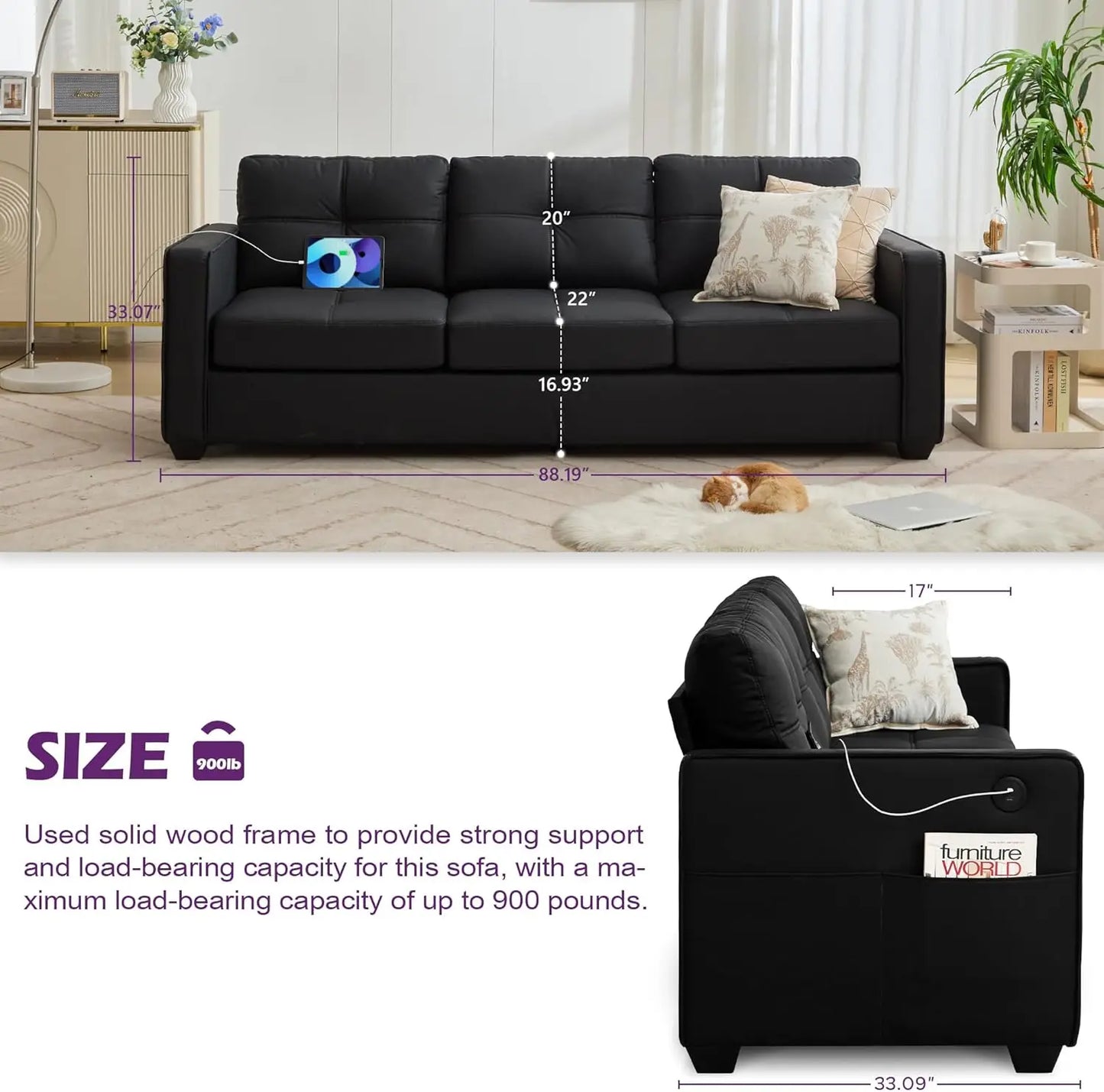 88W Black Faux Leather Sofa Couches for Living Room