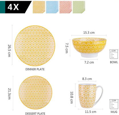 16PCS tableware Porcelain Multi-Colour Japanese-style Dinnerware Set with 4 Dinner Plate Dessert Plate Bowl Mug
