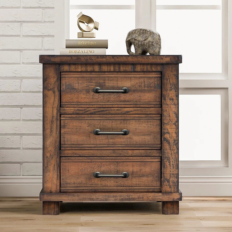 Rustic Three Drawer Reclaimed Solid Wood Farmhouse Nightstand End Table  for Living Room/Bedroom