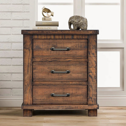 Rustic Three Drawer Reclaimed Solid Wood Farmhouse Nightstand End Table  for Living Room/Bedroom