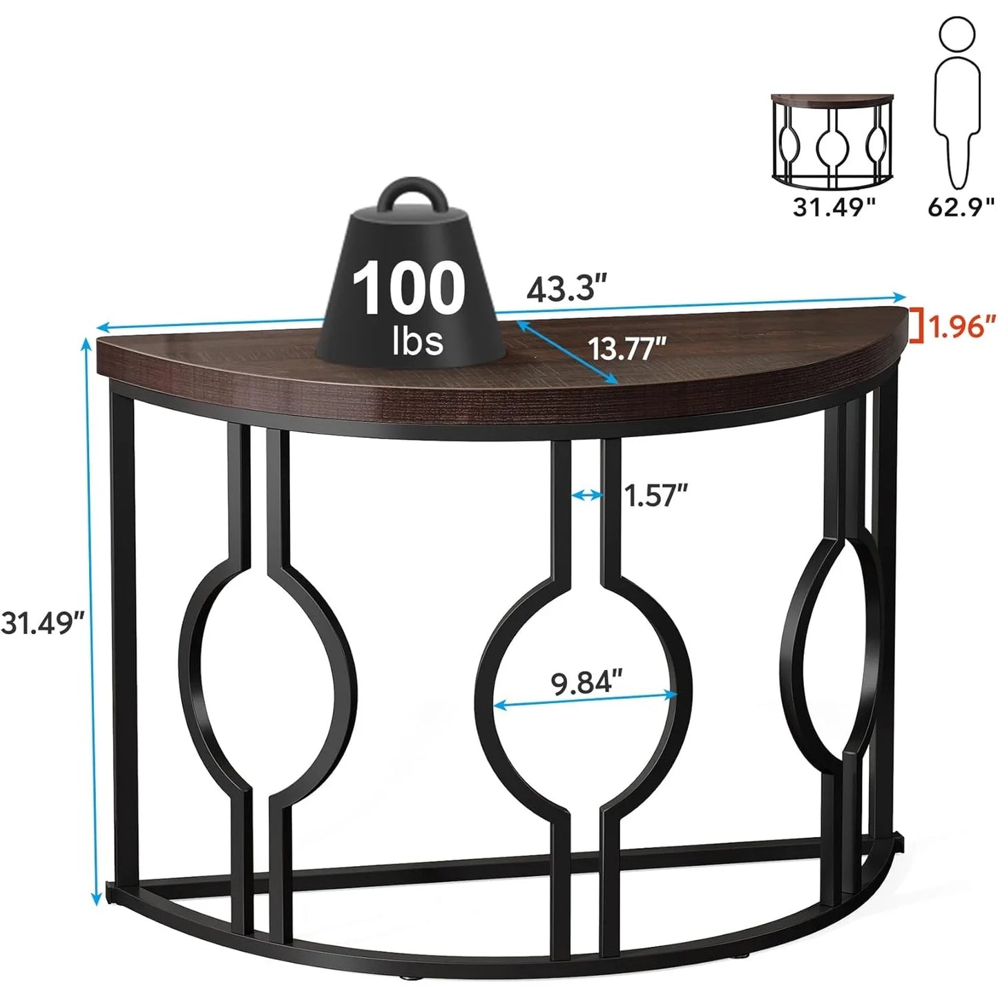 Industrial Semi Circle Sofa Table for Living Room, Hallway, Foyer, Rustic Brown
