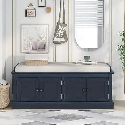 Rustic Storage Bench with 4 Doors and Adjustable Shelves Removable Cushion