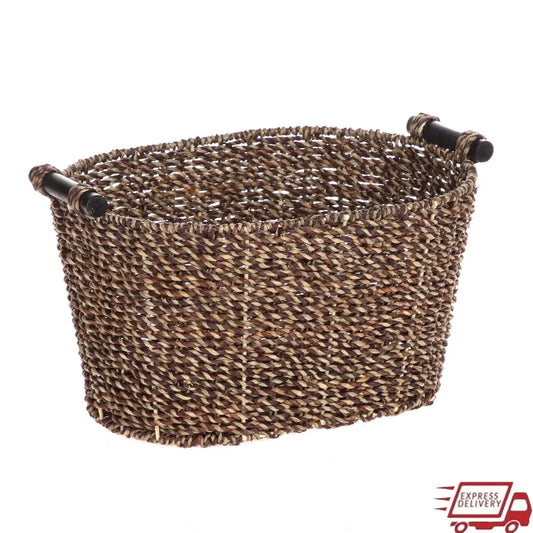 Oval Seagrass Storage Basket with Wooden Handles