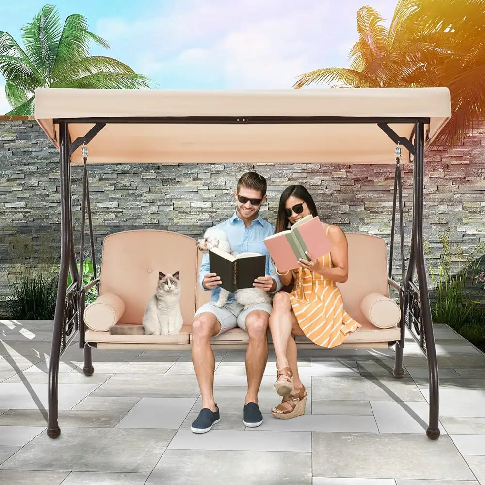 3 Seat Porch Swing W/Adjustable Canopy, Convertible Patio Swings Bed with Stand and Upgraded Cup Holder, Thicken Cushions＆Pillow