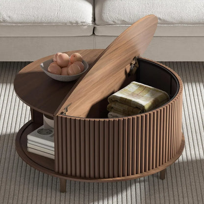 Round Coffee Table with Storage with Sliding Cabinet Door for Living Room