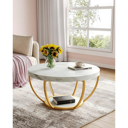 32" Circle Marble Coffee Tables, 2-Tier Golden Metal Legs Accent Center Table with Open Storage