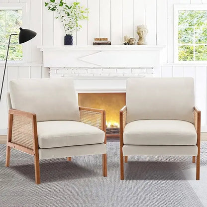 Natural Rattan Living Room Chairs Accent Chair Armchair Set of 2 Modern Fabric Slipper Club Chair