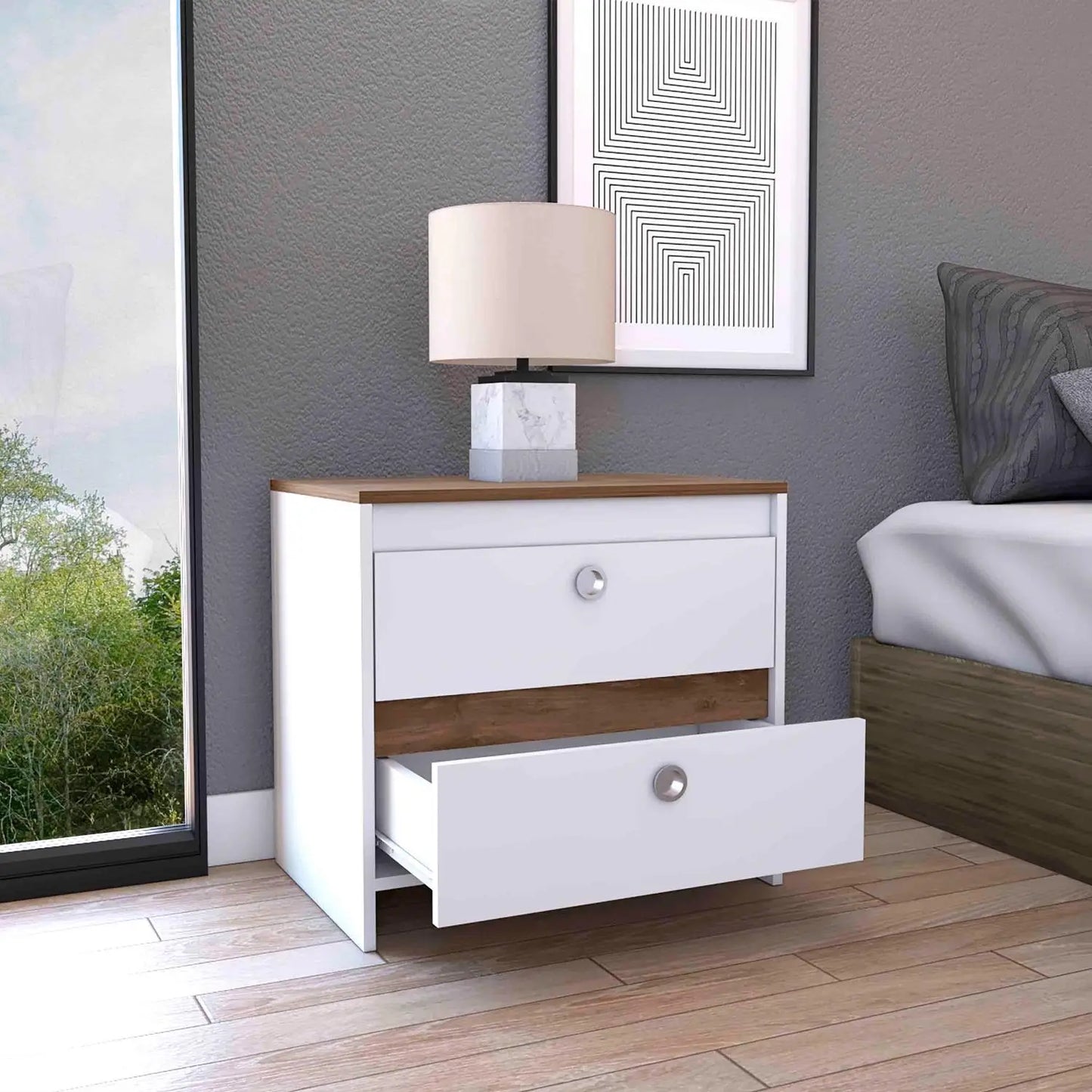 Nightstand, Superior Top, Two Drawers White / Dark Brown