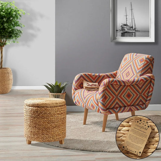 17" Round Storage Ottoman with Lid - Natural, Handwoven Water Hyacinth Footstool for Living Room