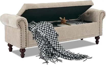 58.1'' Storage Bench Upholstered Linen, End of Bedroom Bed Bench, Ottoman with Tufted Cushion Rolled Arm Large Storage Space