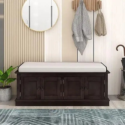 Rustic Storage Bench with 4 Doors and Adjustable Shelves Removable Cushion