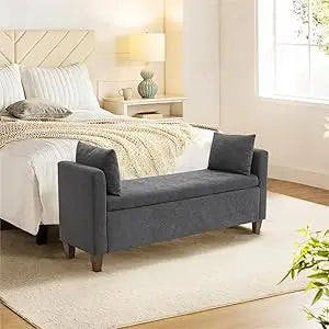 55" End of Bed Bench for King Size Bed, Upholstered Long Ottoman Bench with Arms and 2 Pillows