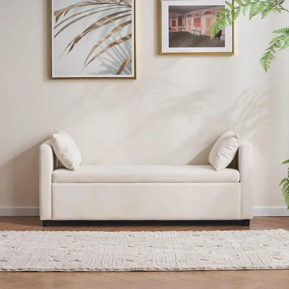 55" End of Bed Bench for King Size Bed, Upholstered Long Ottoman Bench with Arms and 2 Pillows